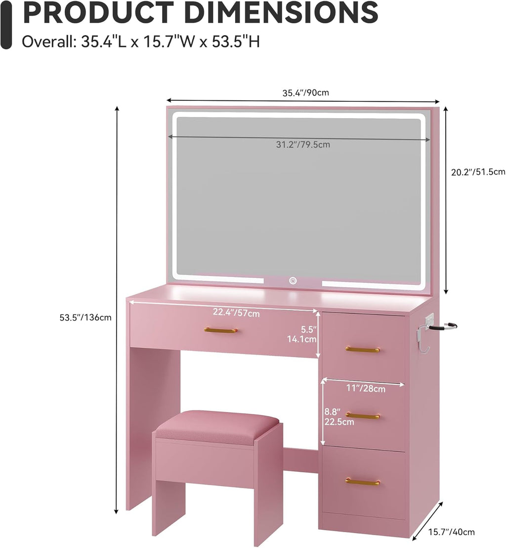 YITAHOME Makeup Vanity Table with Lighted Mirror, Cushioned Stool, 4 Storage Drawers & Hidden Jewelry Organizer, 3-Mode LED Lighting