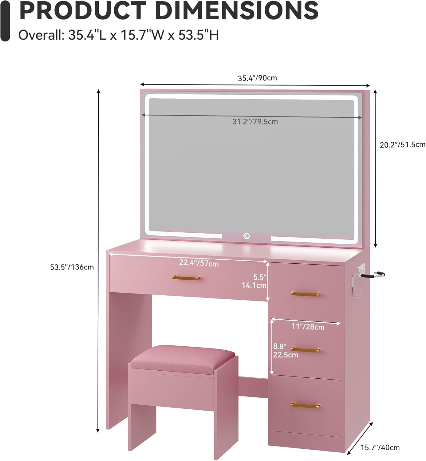 YITAHOME Makeup Vanity Table with Lighted Mirror, Cushioned Stool, 4 Storage Drawers & Hidden Jewelry Organizer, 3-Mode LED Lighting