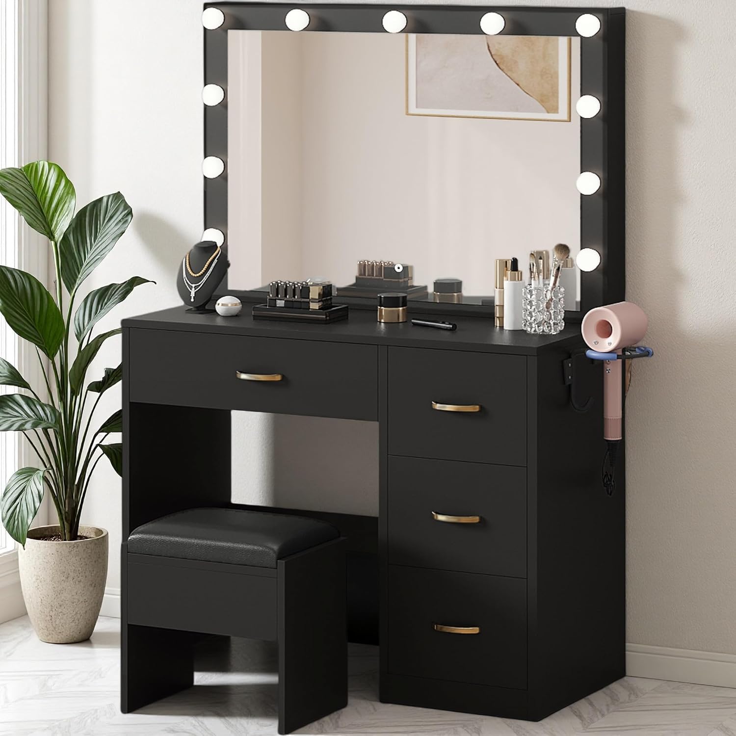 YITAHOME Makeup Vanity Table with Lighted Mirror, Cushioned Stool, 4 Storage Drawers & Hidden Jewelry Organizer, 3-Mode LED Lighting
