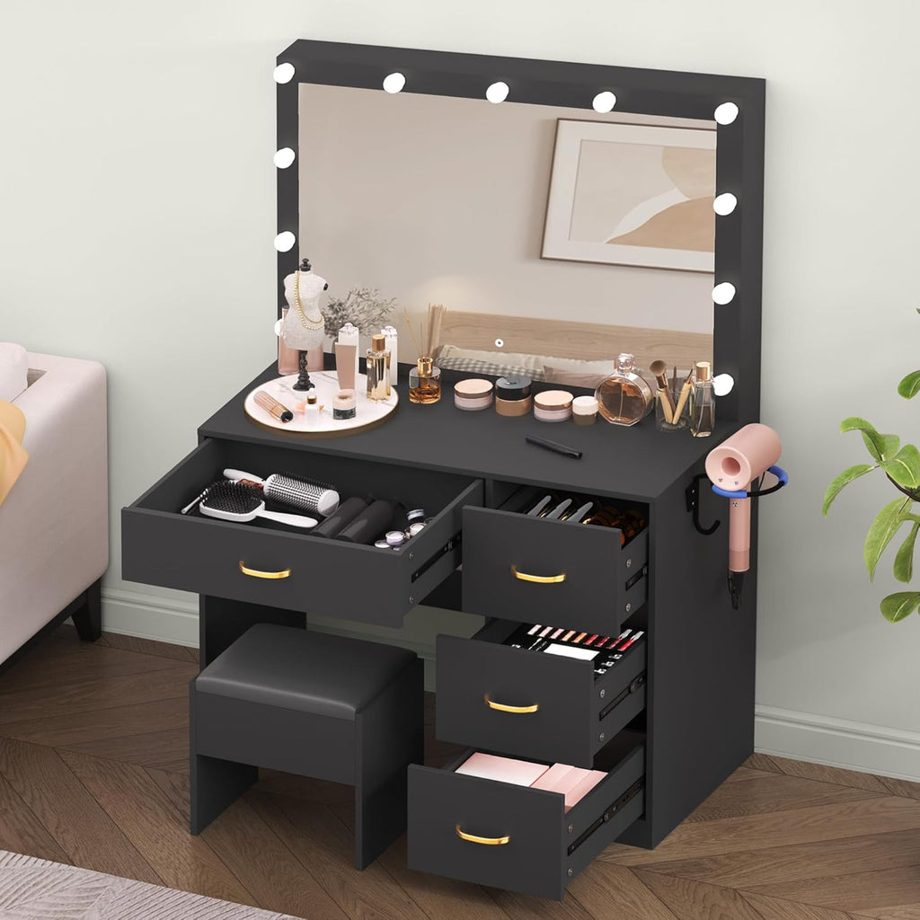 YITAHOME Makeup Vanity Table with Lighted Mirror, Cushioned Stool, 4 Storage Drawers & Hidden Jewelry Organizer, 3-Mode LED Lighting
