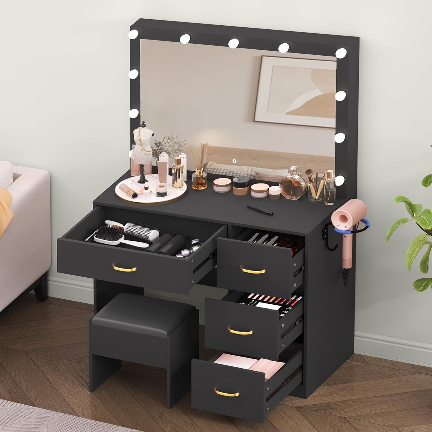 YITAHOME Makeup Vanity Table with Lighted Mirror, Cushioned Stool, 4 Storage Drawers & Hidden Jewelry Organizer, 3-Mode LED Lighting