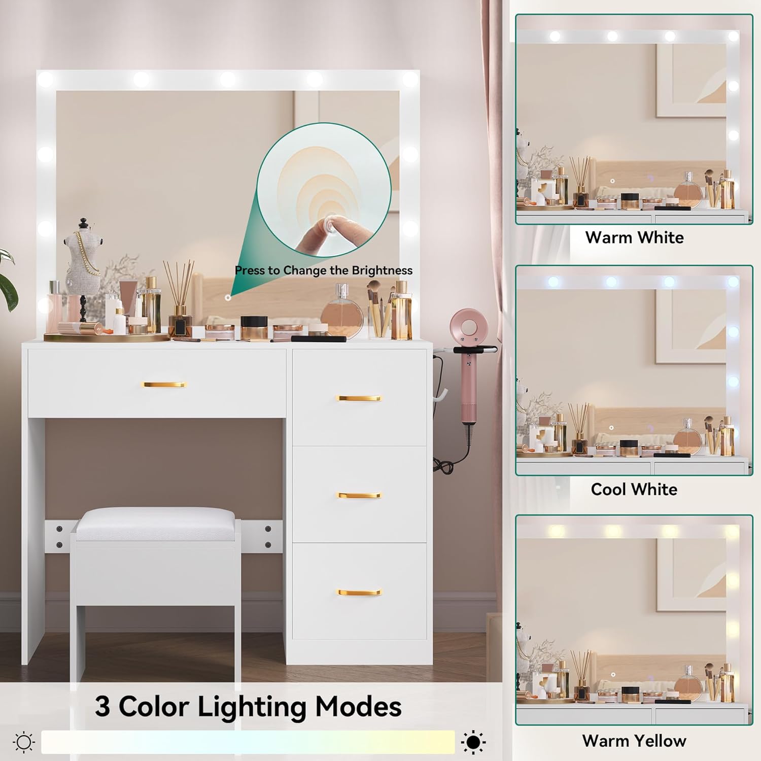YITAHOME Makeup Vanity Table with Lighted Mirror, Cushioned Stool, 4 Storage Drawers & Hidden Jewelry Organizer, 3-Mode LED Lighting