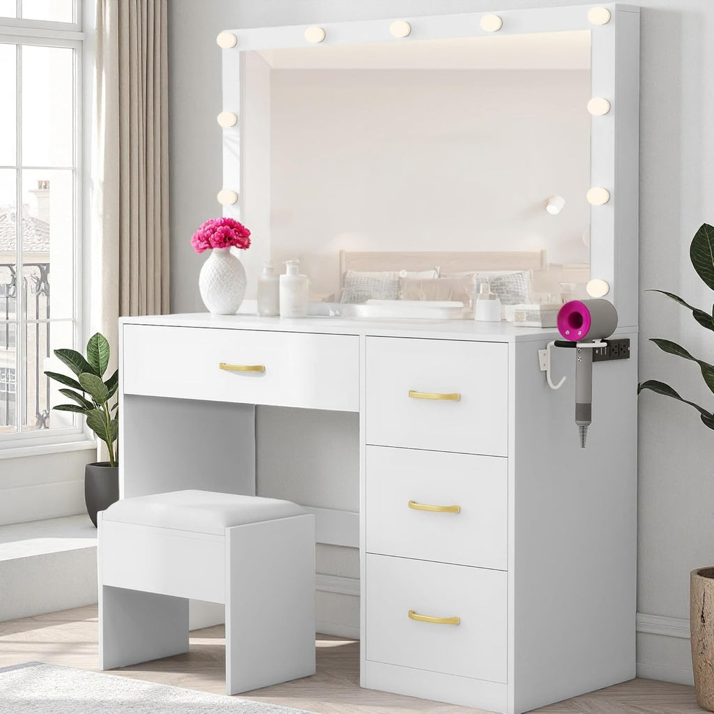 YITAHOME Makeup Vanity Table with Lighted Mirror, Cushioned Stool, 4 Storage Drawers & Hidden Jewelry Organizer, 3-Mode LED Lighting