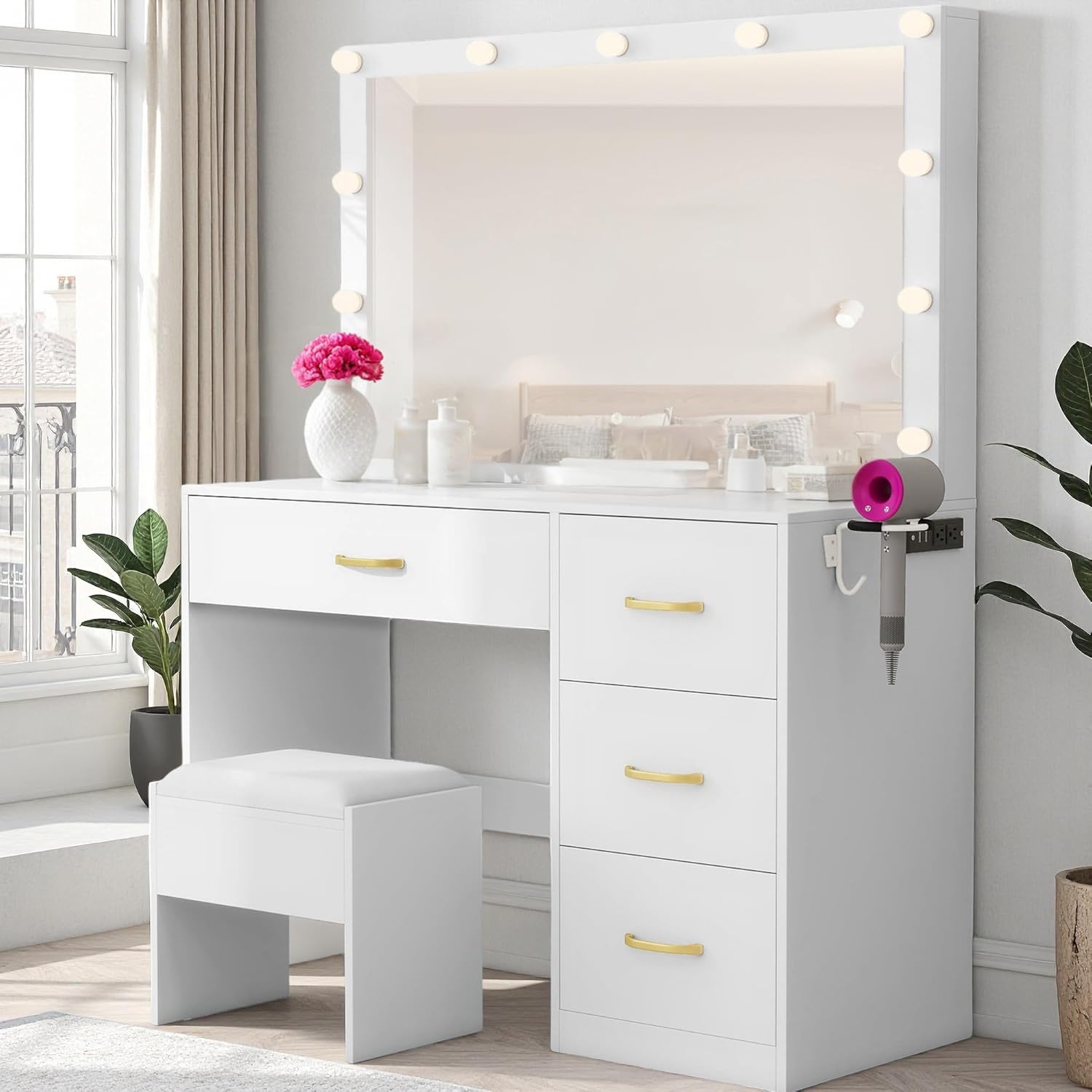 YITAHOME Makeup Vanity Table with Lighted Mirror, Cushioned Stool, 4 Storage Drawers & Hidden Jewelry Organizer, 3-Mode LED Lighting