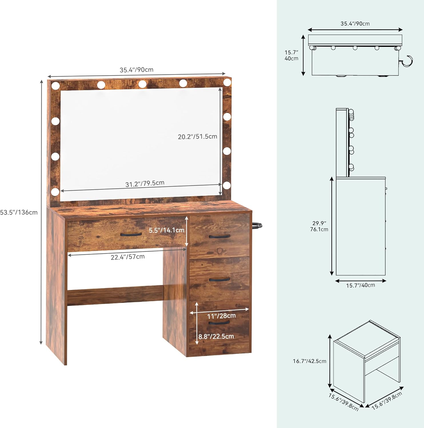 YITAHOME Makeup Vanity Table with Lighted Mirror, Cushioned Stool, 4 Storage Drawers & Hidden Jewelry Organizer, 3-Mode LED Lighting