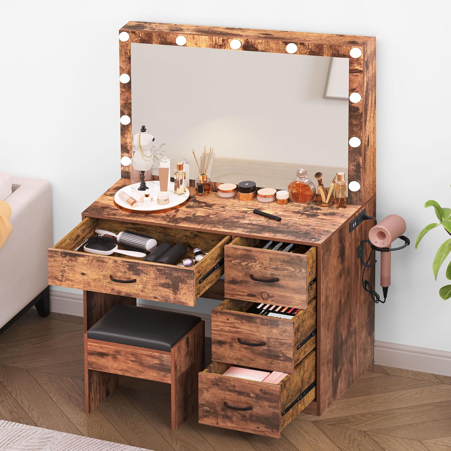 YITAHOME Makeup Vanity Table with Lighted Mirror, Cushioned Stool, 4 Storage Drawers & Hidden Jewelry Organizer, 3-Mode LED Lighting