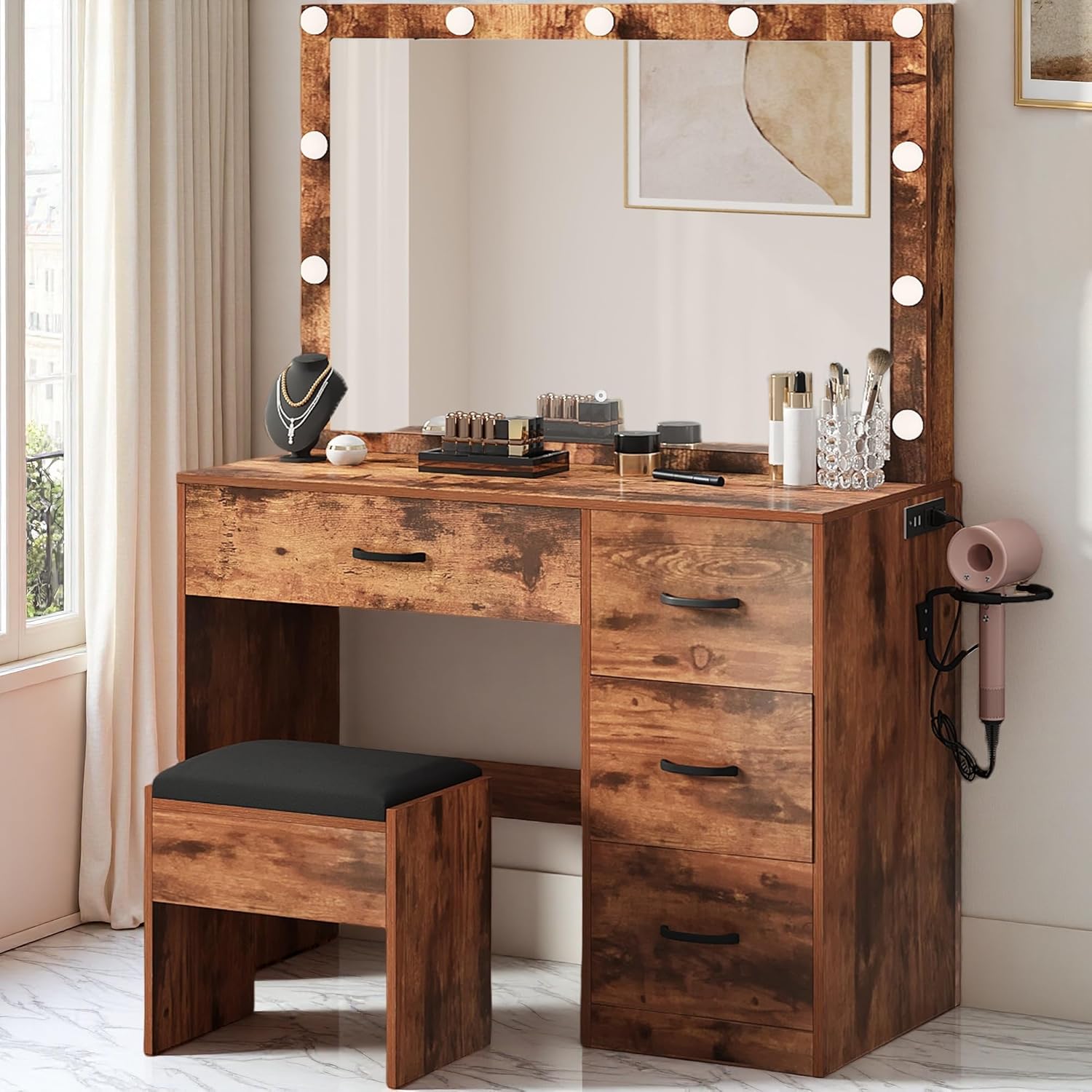 YITAHOME Makeup Vanity Table with Lighted Mirror, Cushioned Stool, 4 Storage Drawers & Hidden Jewelry Organizer, 3-Mode LED Lighting