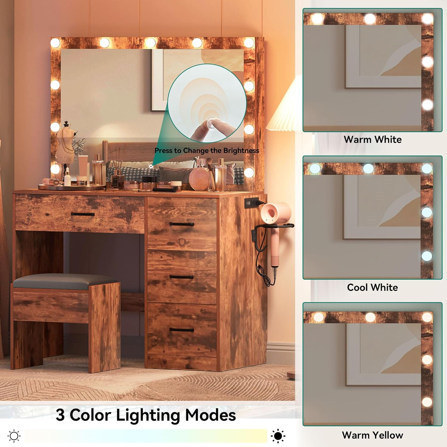 YITAHOME Makeup Vanity Table with Lighted Mirror, Cushioned Stool, 4 Storage Drawers & Hidden Jewelry Organizer, 3-Mode LED Lighting